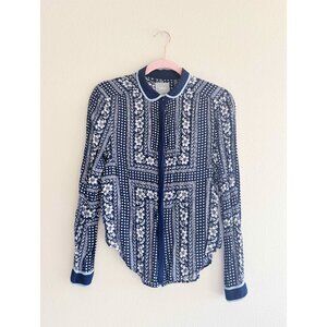 MAEVE Anthropologie Sz 4 Navy Blue White Rayon Floral Dot Button Down BLOUSE TOP